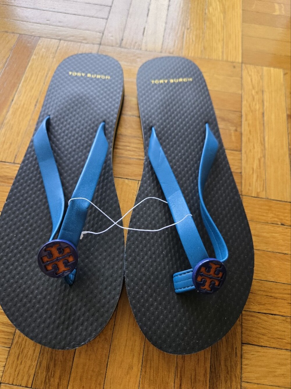 Brand New With Tags Blue Strap Flip Flop Sandals with Logo Medallion